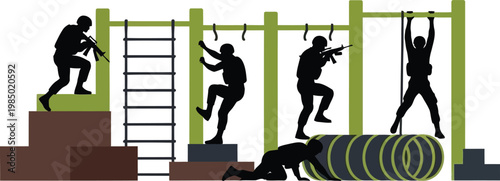Silhouettes of military soldiers or athletes training on an obstacle course