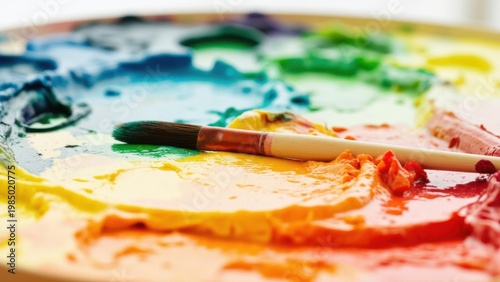 Colorful art paint palette with various types of brushes and paints, ready for creative expression.