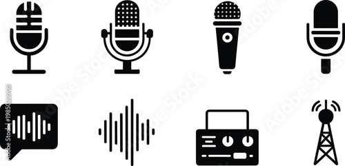Variety of microphone and audio recording equipment icons in black and white
