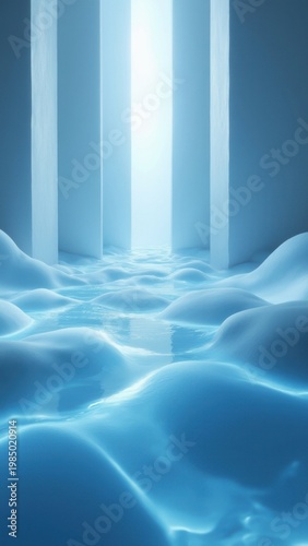 Vivid blue underwater world with illuminated shafts of light piercing through, creating a surreal and tranquil atmosphere.