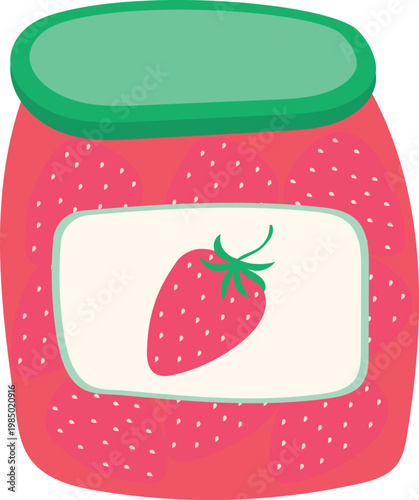 llustration of a jar of strawberry jam isolated on a transparent background. Sweet fruit jelly in a glass jar with a label, hand-drawn. Flat vector icon.