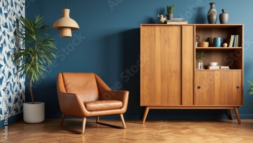 This is a stylish living room featuring mid-century modern furniture with a sleek wooden cabinet, a comfortable leather chair, and vibrant blue walls. 
