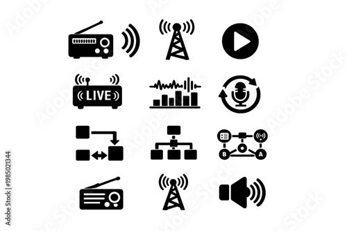 Image generation tower signal icon radio device diagram arrows depicting vector simple