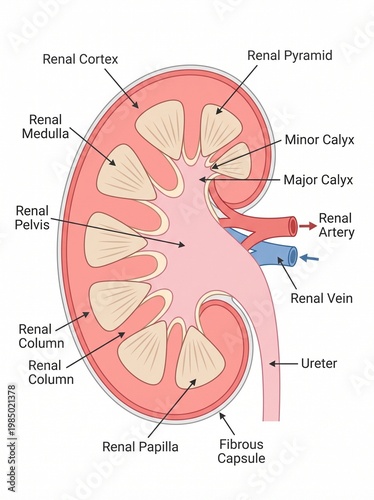 Detailed anatomical illustration of a human kidney with labeled parts including renal cortex, medulla, and fibrous capsule in a medical setting