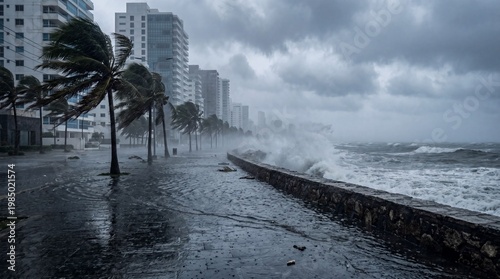 Flooded Coastal City Street During Hurricane with Palm Trees Bending in Strong Wind