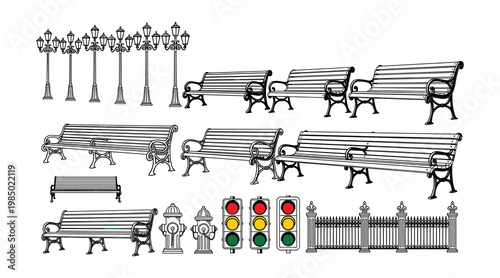 Sketch of a park scene with benches streetlights and traffic signals