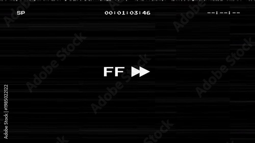 Retro VHS fast forward screen with analog glitch effects film defect and timecode overlay on black background for vintage video editing projects