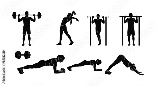 Fitness silhouette compilation weightlifting calisthenics and stretching exercises
