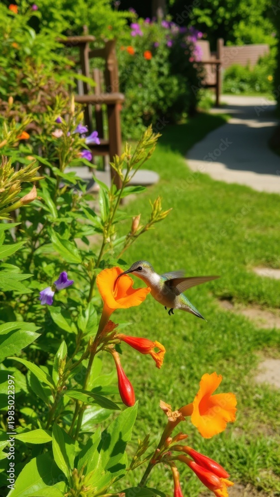 Fototapeta premium Hummingbird feeding on nectar of red flowers in garden, with butterfly nearby. Outdoor scene in full bloom.