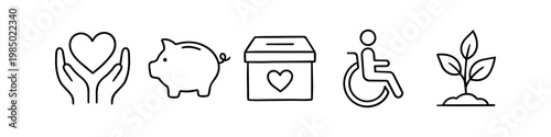 Minimalist charity and social responsibility line icons featuring hands with a heart, piggy bank, donation box, wheelchair user, and growing plant for CSR, volunteering, and giving themes.