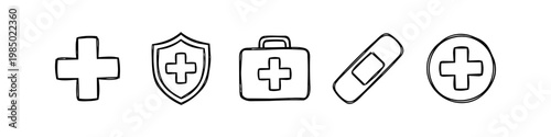 Set of hand-drawn medical icons including a cross, shield, first aid kit, and bandage. Minimalist black ink doodle style for healthcare, insurance, and emergency design projects.