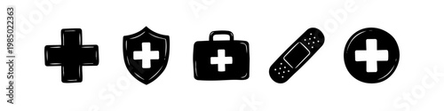 Set of hand-drawn medical icons featuring a cross, shield, first aid kit, bandage, and circle button. Minimalist black silhouettes on a white background for healthcare and safety design.
