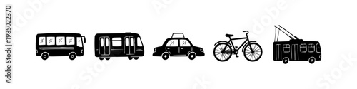 Set of hand-drawn minimalist transportation icons featuring a bus, tram, taxi cab, bicycle, and trolleybus. Simple black silhouettes for urban transit and city commuting concepts.