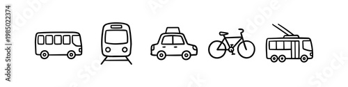 Hand-drawn public transportation icons featuring a bus, train, taxi, bicycle, and trolleybus in a minimalist doodle style. Ideal for urban travel and transit designs.