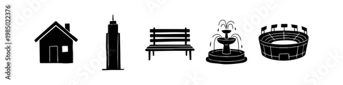 Set of hand-drawn black vector icons representing city life and urban infrastructure, including a house, skyscraper, bench, fountain, and stadium, isolated on a white background.