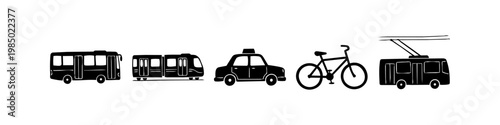 Hand-drawn set of black silhouettes representing urban transport modes: bus, tram, taxi, bicycle, and trolleybus. Minimalist icons for city transit and mobility concepts.