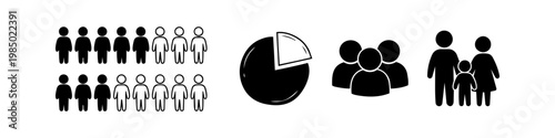 Set of black and white demographic and data visualization icons including population ratios, a pie chart, a social group, and a family unit. Perfect for infographics and statistical reports.