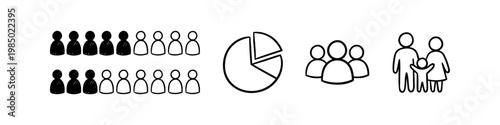 Set of minimalist demographic infographic icons including people, a pie chart, and a family. Perfect for social statistics, population data visualization, and community research presentations.