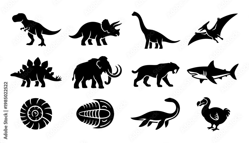 Obraz premium Prehistoric Animal Silhouettes Set, Dinosaur and Extinct Creature Icons Vector Collection
