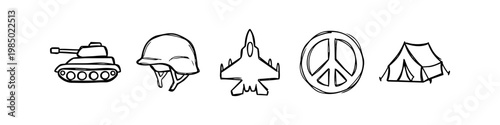 A set of hand-drawn military and peace-themed icons featuring a tank, helmet, fighter jet, peace symbol, and tent. Simple black and white doodle illustrations for graphic design projects.