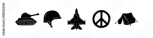 Set of black military and peace icons including a tank, helmet, fighter jet, peace symbol, and tent. Simple hand-drawn vector illustrations on white background for war and pacifism concepts.
