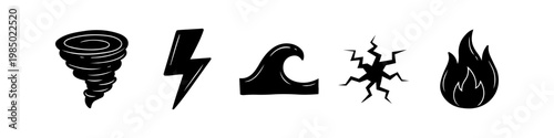 A set of hand-drawn black icons representing natural disasters, including a tornado, lightning bolt, ocean wave, earthquake crack, and fire flame, isolated on a white background.