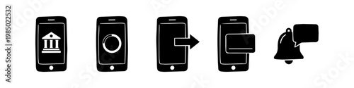 Set of hand-drawn mobile banking and finance icons on smartphones, including bank building, loading, transfer, credit card, and notification bell symbols. Minimalist black and white sketch style.