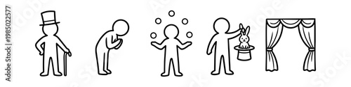 Set of minimalist line art icons for a magic show, featuring a magician with a top hat, a figure bowing, juggling balls, a rabbit in a hat trick, and theater curtains.