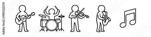 Hand-drawn minimalist line art icons of musicians playing guitar, drums, violin, and saxophone. Simple black and white stick figure band illustrations with a musical note symbol.