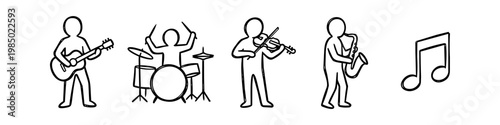 Set of hand-drawn minimalist musician stick figures playing guitar, drums, violin, and saxophone with a music note icon. Simple black and white doodle icons for band and music concepts.