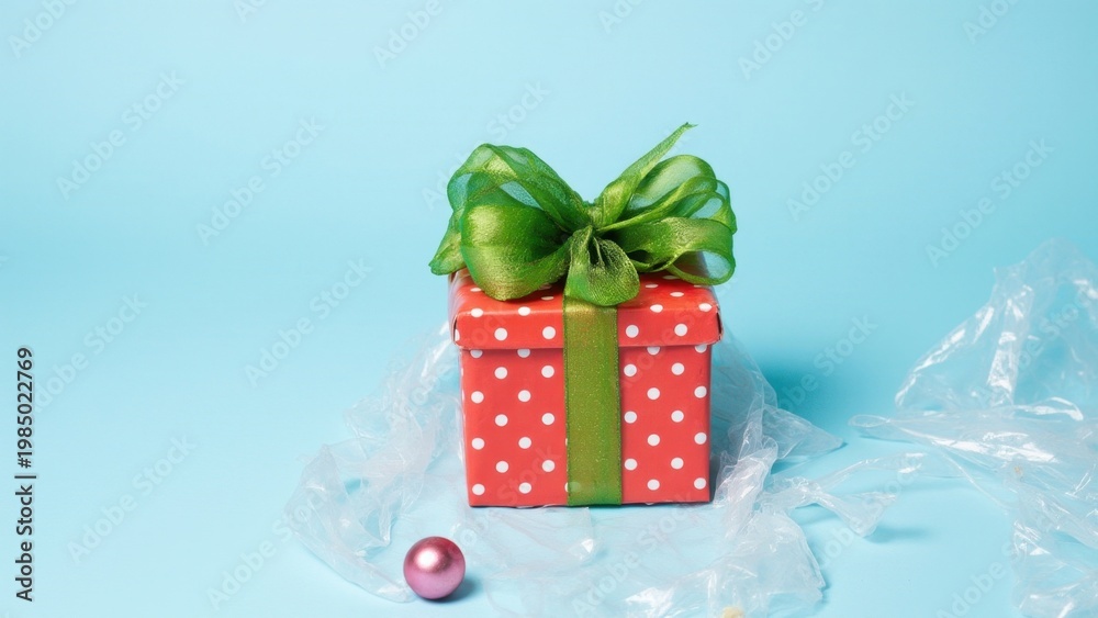 Obraz premium Small red and green wrapped present with white polka dots on top. Includes ribbon and bow.