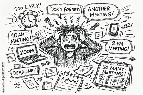 Messy imperfect simple person meetings doodle scribble vector sketch overwhelmed icon