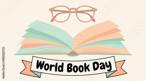 World Book Day illustration with open book and glasses