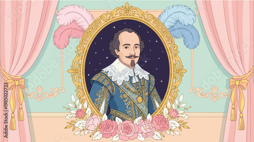 Elegant portrait of a man in historical costume with ornate gold frame and floral decorations