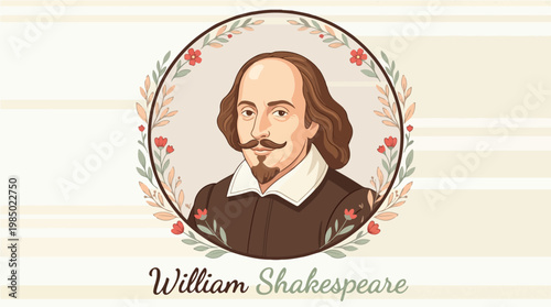 Portrait of William Shakespeare in a circular floral frame on beige background