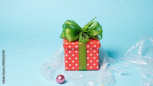 Small red and green wrapped present with white polka dots on top. Includes ribbon and bow.