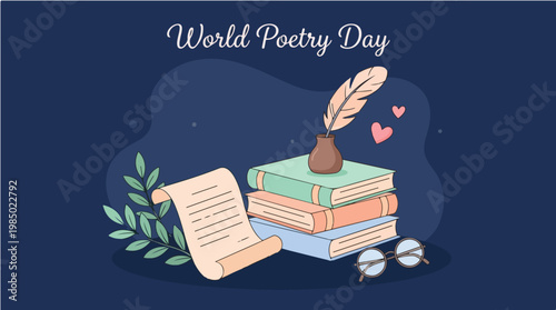World Poetry Day celebration with books, quill, and scroll on a dark background