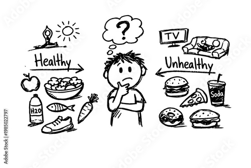 Decision doodle food concept vector choosing lines icon lifestyle generation simple person