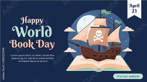 Happy World Book Day banner with pirate ship on open book