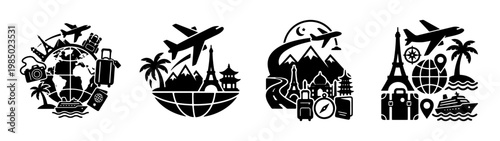 Travel icons, vacation symbols, tourism graphics, black vector illustrations