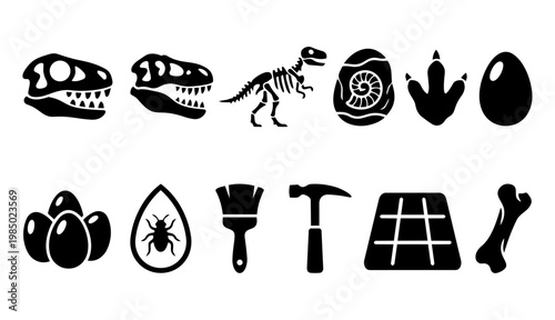 Fossil and Excavation Silhouettes Set, Paleontology Tools and Dinosaur Fossil Icons