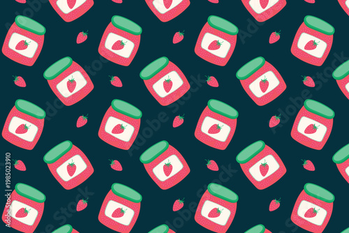 A seamless pattern with strawberry jam jars and strawberries on a dark green background. Sweet fruit jelly in a glass jar with a hand-drawn label. Vector illustration.