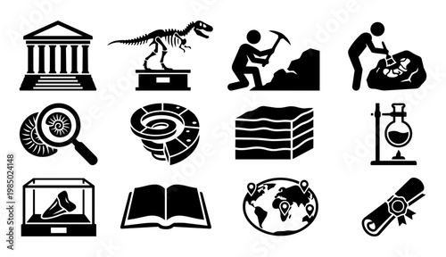 Paleontology Science and Museum Silhouettes Set, Natural History and Fossil Research Icons