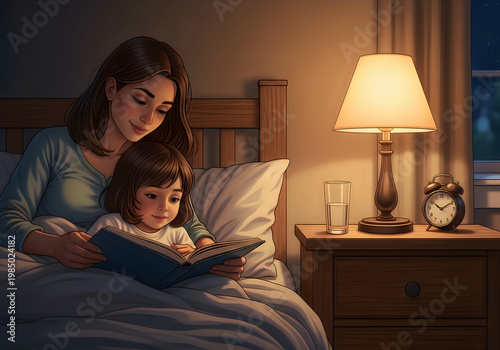 Mother and daughter reading a bedtime story in a cozy bedroom