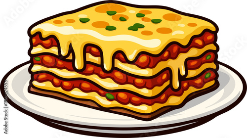 Delicious Lasagna Vector Illustration, Cheesy Italian Pasta Layer Slice on Plate with Melted Cheese and Tomato Sauce