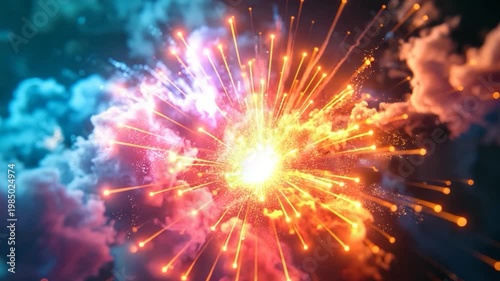 Ethereal explosion of light, with radiant tendrils amid smoky blue clouds