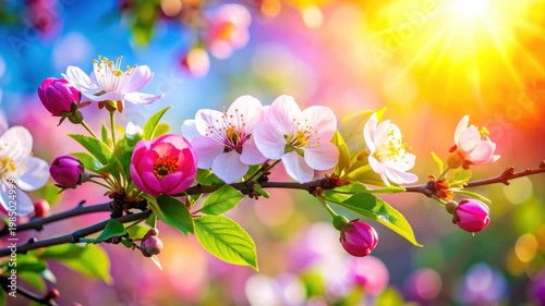 Flowering blossoms on branch, sunburst