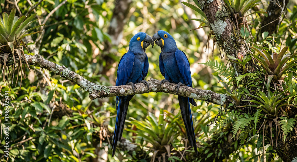 Obraz premium A close-up image of two vibrant blue parrots perched on a branch, engaging in an affectionate interaction. The lush greenery and dense vegetation provide a serene backdrop to this captivating scene.