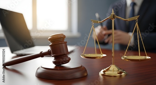 Gavel and golden scales of justice on a professional lawyer's desk, symbolizing legal proceedings, judgment, and the pursuit of law
