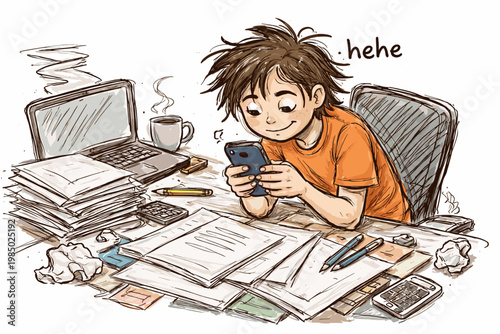 Distracted messy phone doodle icon vector ignoring work simple organic person uneven lines